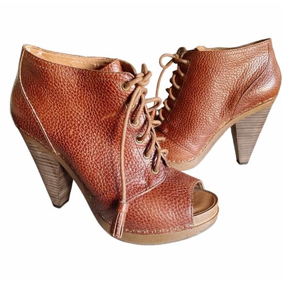 Lucky Brand Francisca Pebbled Leather Lace-Up Peep Toe Booties Brown Size 9 - Picture 1 of 12